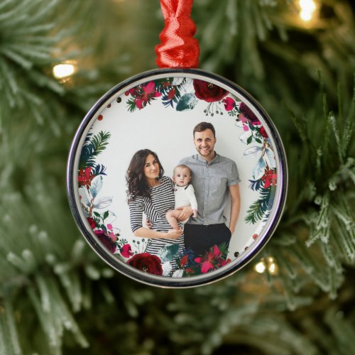 Holly and Pine Christmas Wreath Personalized Photo Metal Ornament
