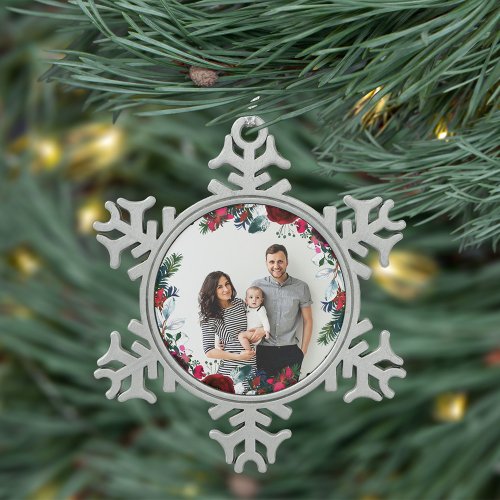 Holly and Pine Christmas Wreath Personalized Photo Snowflake Pewter Christmas Ornament