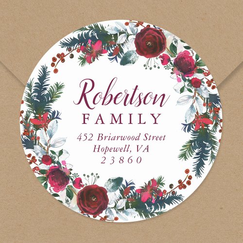 Holly and Pine Christmas Wreath Return Address Classic Round Sticker
