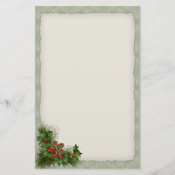 Holly And Pine Cone Christmas Stationery by AJsGraphics at Zazzle