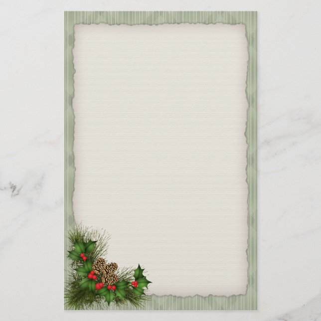 Holly and Pine Cone Christmas Stationery (Front)