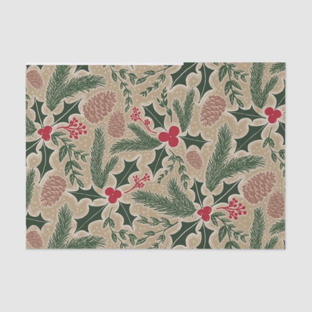 Holly and Pine Cone Evergreen Christmas Decoupage Tissue Paper (Front)