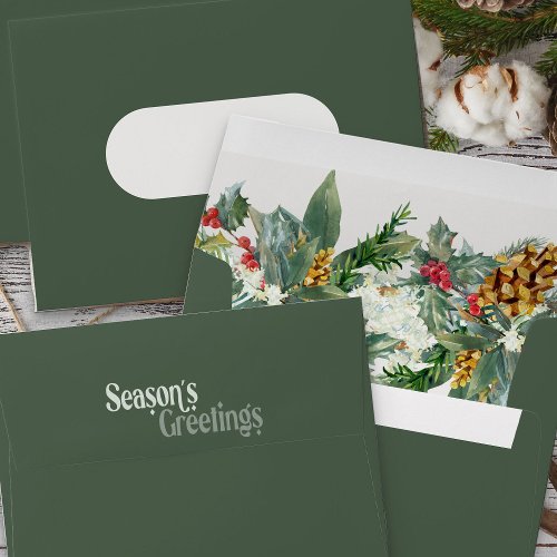 Holly and Pine Cone Seasons Greetings Green Envelope