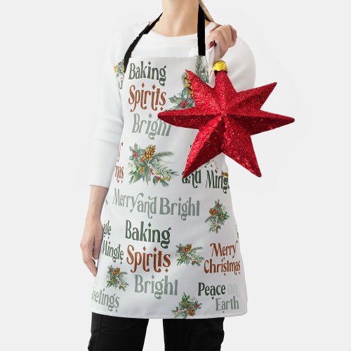 Holly and Pine Cones Christmas Typography Apron