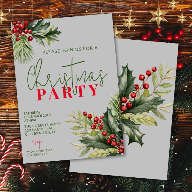 Holly and Pine Gray Festive Christmas Party Invitation (Creator Uploaded)