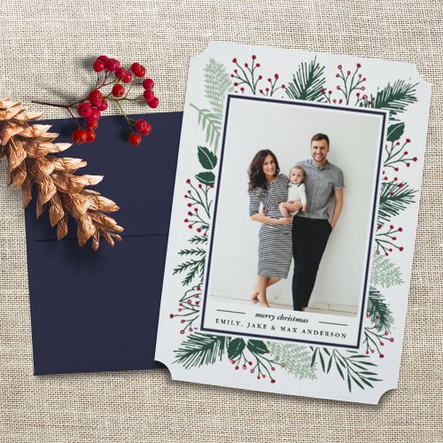 Holly and Pine  Merry Christmas Photo Holiday Card