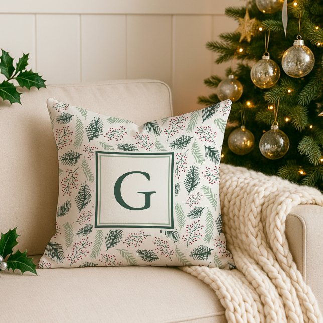 Holly and Pine Monogram Holiday Throw Pillow (Creator Uploaded)