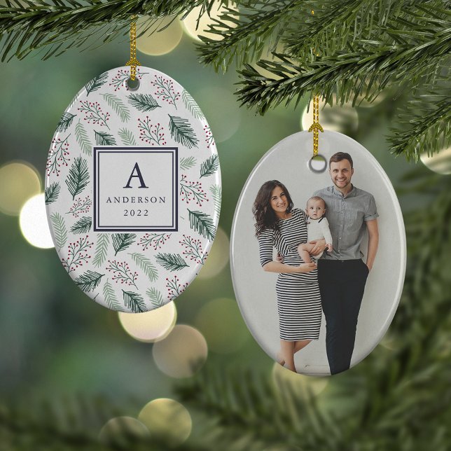 Holly and Pine Monogram & Photo Double Sided Ceramic Ornament (Creator Uploaded)