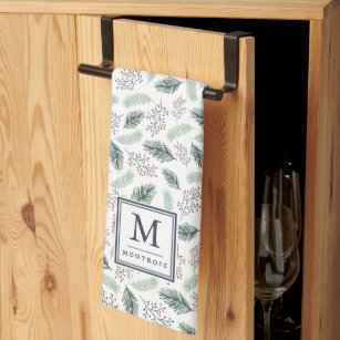 Watercolor Holly Monogrammed Christmas Kitchen Towels