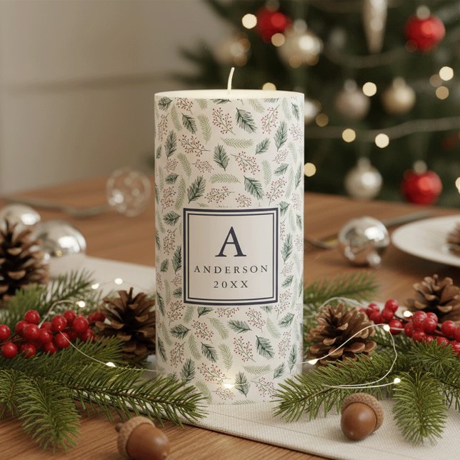 Holly and Pine | Monogrammed Holiday Pillar Candle (Creator Uploaded)