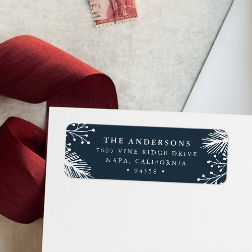 Holly and Pine  Navy Holiday Return Address Label