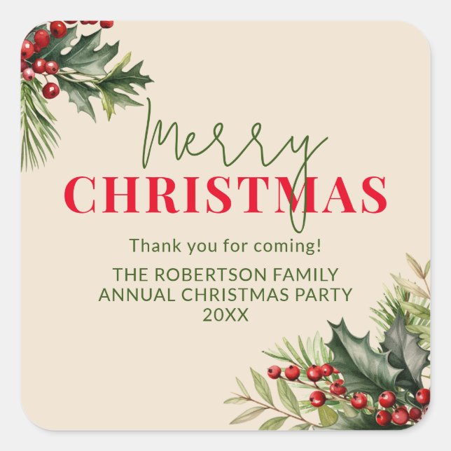 Holly and Pine on Beige Christmas Party Favors Square Sticker (Front)