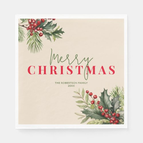 Holly and Pine on Beige Christmas Party Napkins
