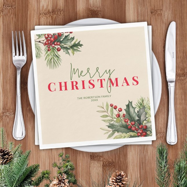 Holly and Pine on Beige Christmas Party Napkins (Creator Uploaded)