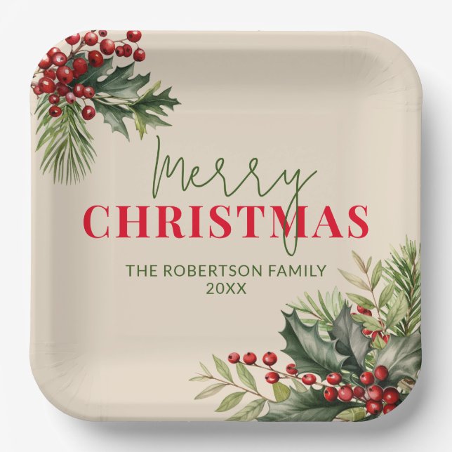 Holly and Pine on Beige Christmas Party Paper Plates (Front)
