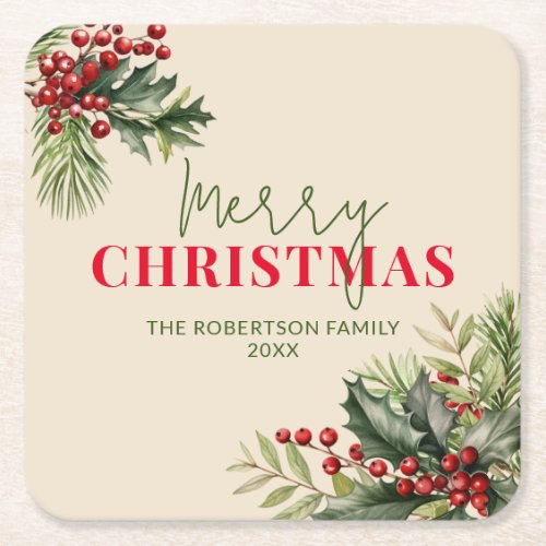 Holly and Pine on Beige Christmas Party Square Paper Coaster