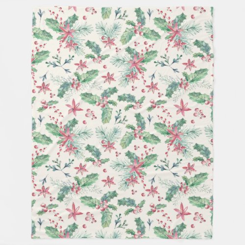 Holly and Pine on Cream Pattern Fleece Blanket