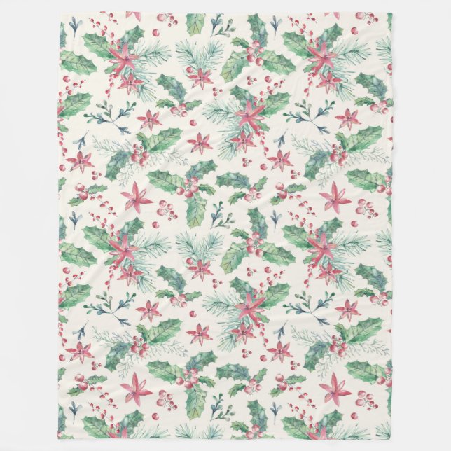 Holly and Pine on Cream Pattern Fleece Blanket (Front)