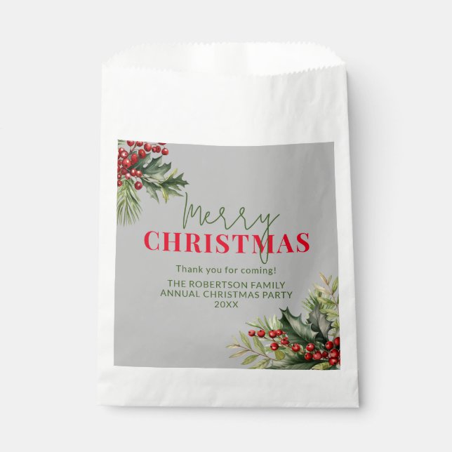 Holly and Pine on Gray Christmas Party Favors Favor Bag (Front)