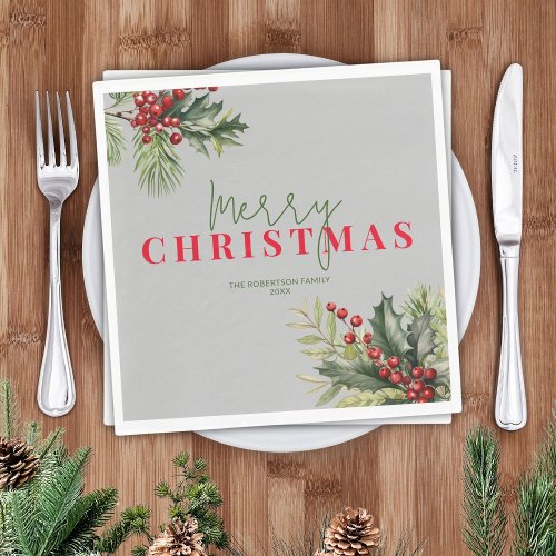 Holly and Pine on Gray Christmas Party Napkins