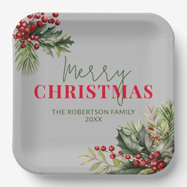 Holly and Pine on Gray Christmas Party Paper Plates (Front)