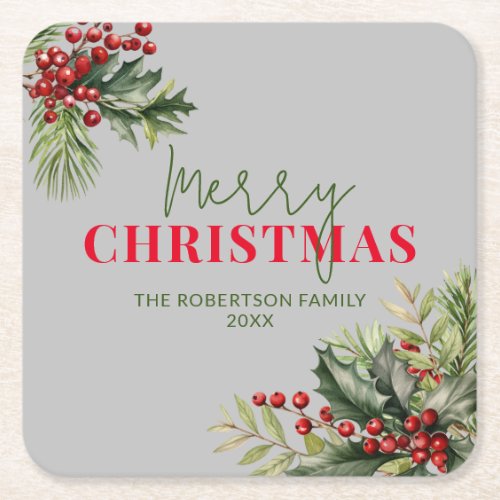 Holly and Pine on Gray Christmas Party Square Paper Coaster