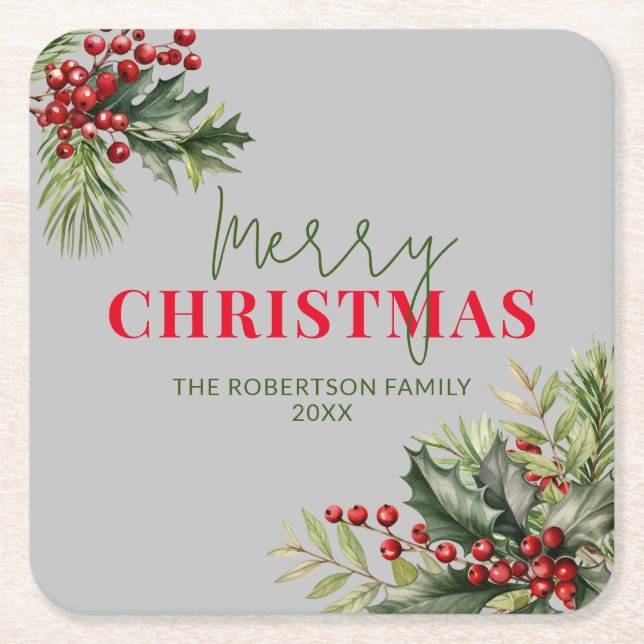 Holly and Pine on Gray Christmas Party Square Paper Coaster (Front)
