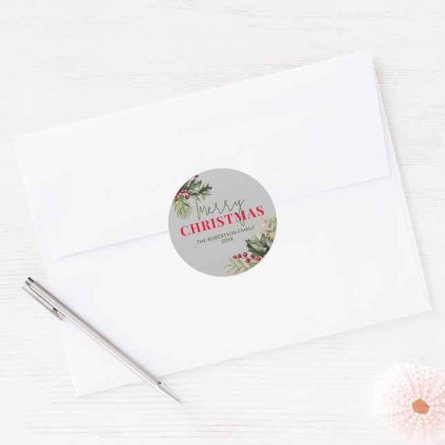 Holly and Pine on Gray Christmas Seal (Envelope)