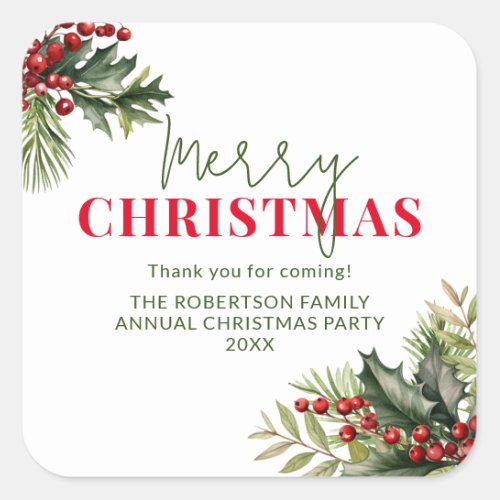 Holly and Pine on White Christmas Party Favors Square Sticker