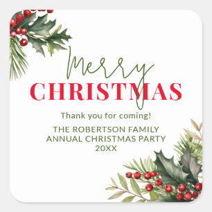 Holly and Pine on White Christmas Party Favors Square Sticker