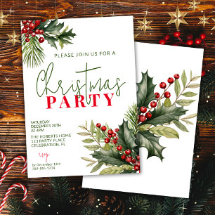 Holly and Pine on White Christmas Party Invitation