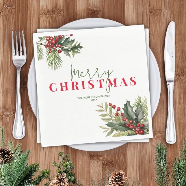 Holly and Pine on White Christmas Party Napkins (Creator Uploaded)