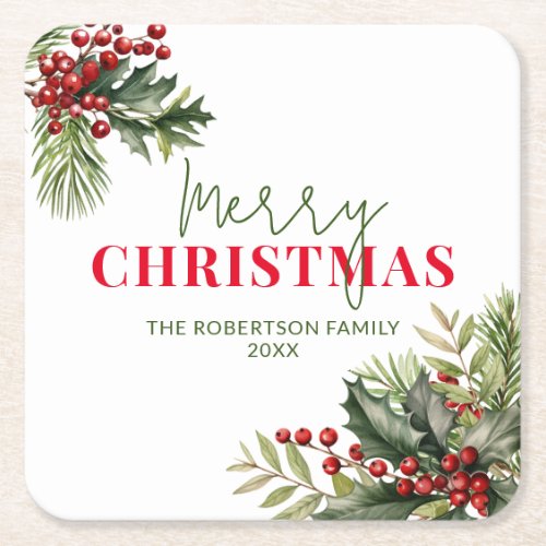 Holly and Pine on White Christmas Party Square Paper Coaster