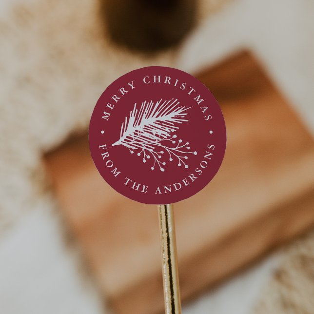 Holly and Pine | Personalized Merry Christmas Classic Round Sticker (Creator Uploaded)