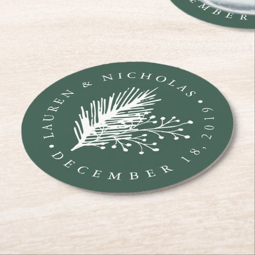 Holly and Pine Personalized Wedding Round Paper Coaster
