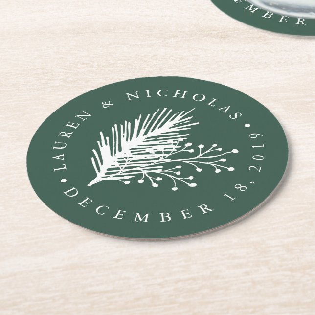 Holly and Pine Personalized Wedding Round Paper Coaster (Angled)