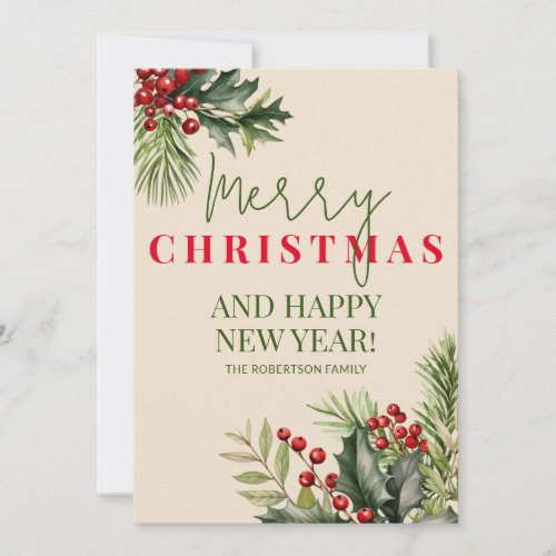 Holly and Pine Red Berries Beige Christmas Card