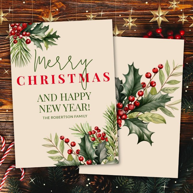 Holly and Pine Red Berries Beige Christmas Card (Creator Uploaded)