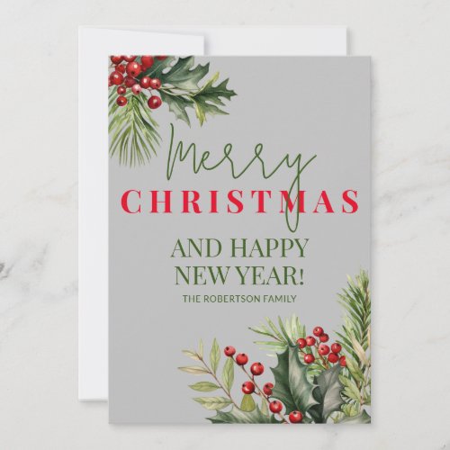 Holly and Pine Red Berries Gray Christmas Card