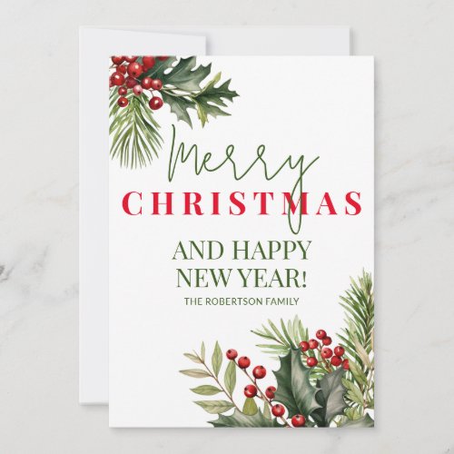 Holly and Pine Red Berries White Christmas Card