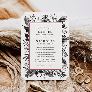 Holly and Pine Wedding Invitation   Cranberry