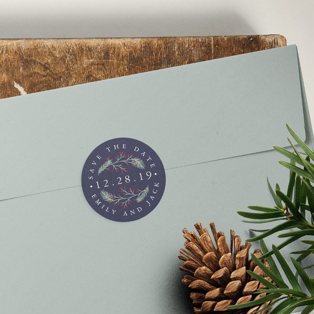 Holly and Pine | Winter Save the Date Classic Round Sticker (Creator Uploaded)