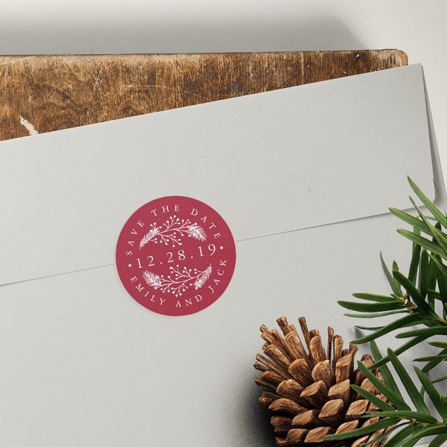 Holly and Pine | Winter Save the Date Classic Round Sticker (Creator Uploaded)