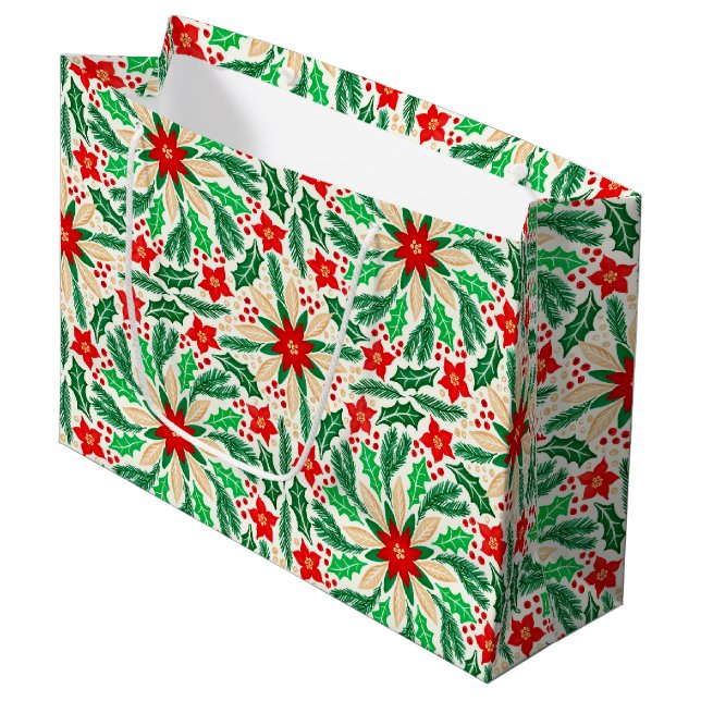 Holly and Poinsettia Botanical Holiday Pattern  Large Gift Bag (Front Angled)