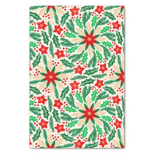 Holly and Poinsettia Botanical Holiday Pattern  Tissue Paper