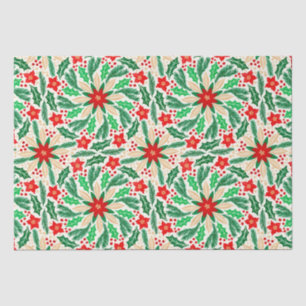 Holly and Poinsettia Botanical Holiday Pattern  Tissue Paper