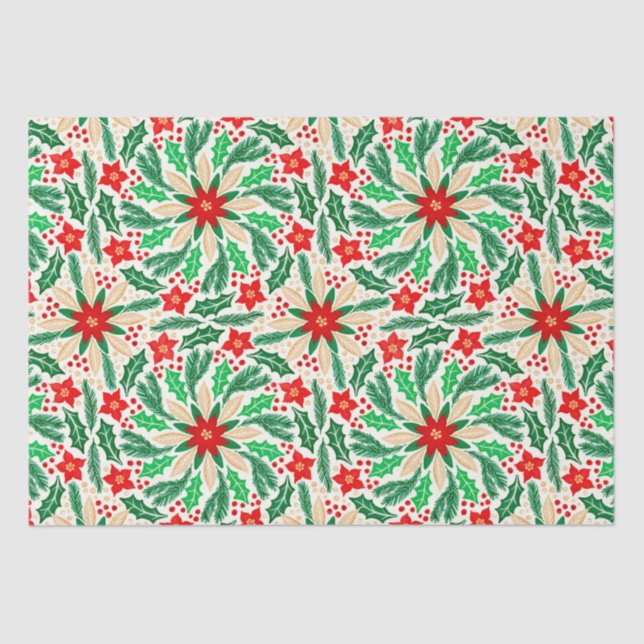 Holly and Poinsettia Botanical Holiday Pattern  Tissue Paper (Front)
