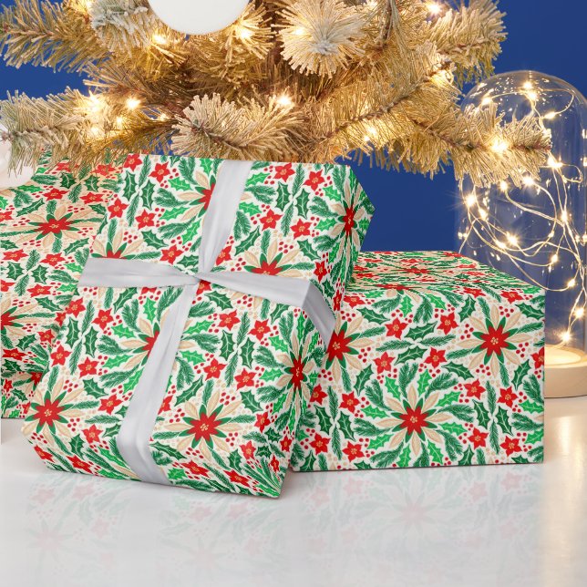 Holly and Poinsettia Botanical Holiday Pattern  Wrapping Paper (Holidays)