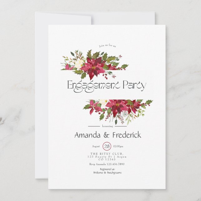 Holly and Poinsettia Christmas Engagement Party Invitation (Front)