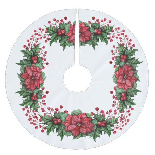 Holly and Poinsettias Brushed Polyester Tree Skirt